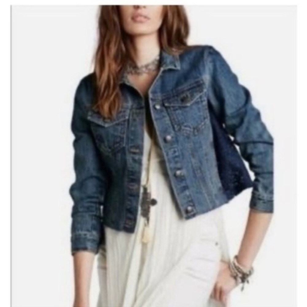 Free People Lace Panel Distressed Blue Jean Jacket
